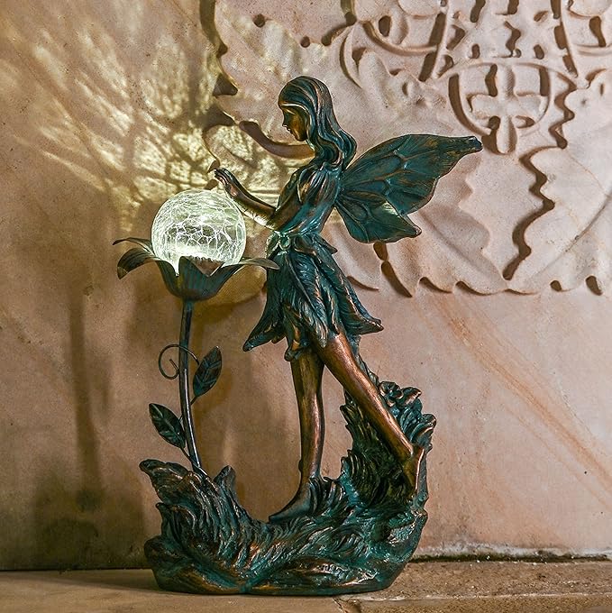 TERESA'S COLLECTIONS Garden Fairy Large Bronze Garden Sculptures & Statues Resin with Solar Outdoor Light, Valentines Decorations Lawn Ornaments for Outdoor Decor, Gifts for Women Mom, 10.6"
