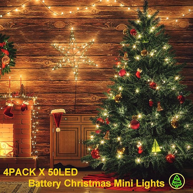 4PACK Christmas Mini String Lights Battery Operated,16.5FT 50 Count LED Forest Battery Christmas Lights with Timer 8 Modes Waterproof Battery Mini String Lights for Christmas Decorations Tree Wreath
