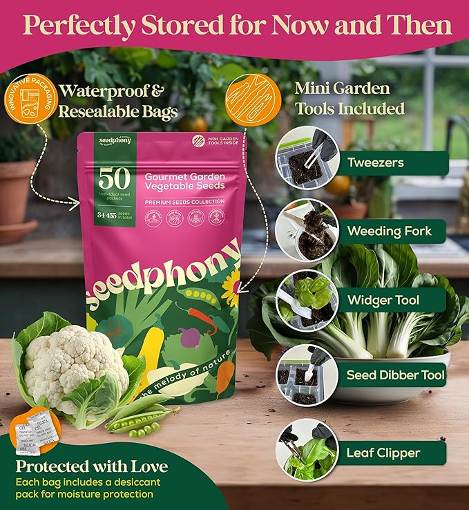 50 Gourmet Garden Vegetable Seeds Variety Pack - 34,455+ Non-GMO Heirloom Vegetables Seeds for Planting Indoor Outdoor: Broccoli, Carrot, Onion, Lettuce, Pepper - Gardening Seed Packets