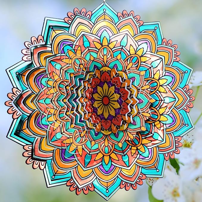 Mandala Daisy Wind Spinner - 12In 3D Kinetic Metal Wind Spinners, Stainless Steel Laser Cut Hanging Wind Sculpture, Indoor/Outdoor Garden & Yard Art Decor Gifts for Women, Men & Holidays