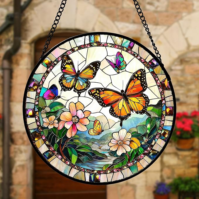 Stained Glass Window Hanging, Butterflies Flying in The Sky Suncatcher for Doors Home Sun Catchers Decoration and Christmas, Mother's Day Birthday Gifts for Women, Men, and Mom 6.3 in