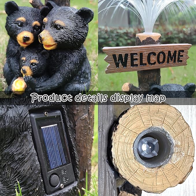 Solar Bear Garden Statues,Resin Black Bear Family Figurine with Welcome Card and 7-Color Changing Optical Fiber with Solar Lights, Lawn Decor Outdoor Statue for Patio,Balcony,Yard,Lawn
