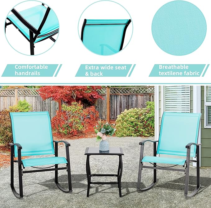 Vongrasig 3 Piece Outdoor Rocking Bistro Set, Textilene Fabric Small Patio Furniture Set, Front Porch Rocker Chairs Conversation Set with Glass Table for Lawn, Garden, Balcony, Poolside (Blue)