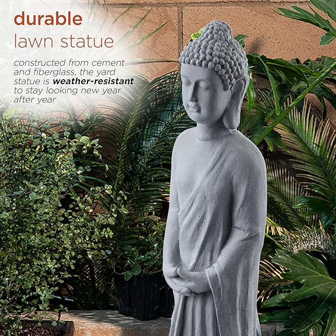 Alpine Corporation 32" Tall Cement Standing Buddha Outdoor Garden Statue, Gray