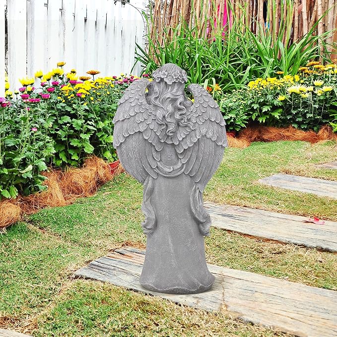 Hanna Roberts Outdoor Statues Angel Décor Garden Statue- 23.5" H Angel Statue,Resin Angel with Bird Figurine, Ideal for Yard, Patio, Deck, Home Entryway, and Hallway（Grey）