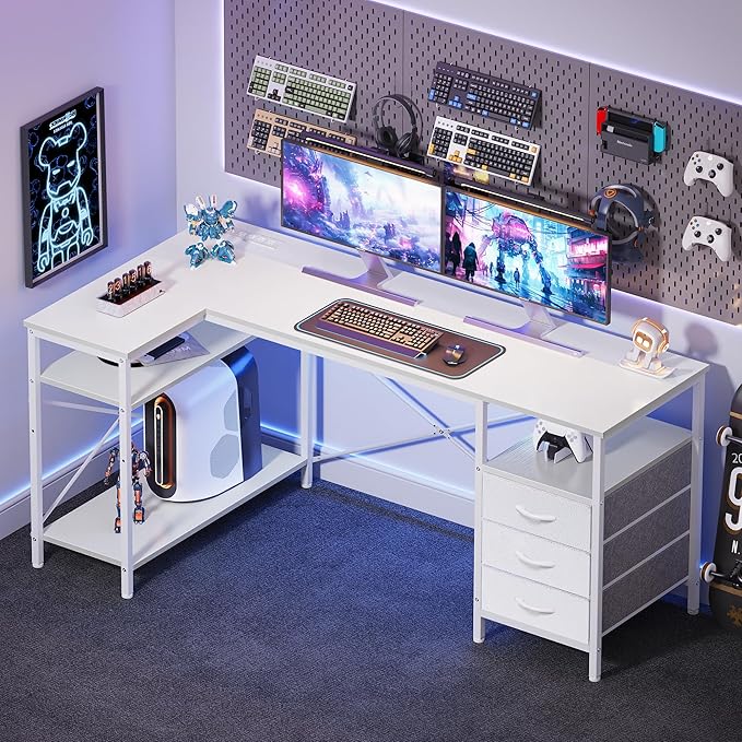 Huuger L Shaped Office Desk with Power Outlets, 55 Inch Computer Desk with 3 Drawers, Shelves, Reverisble for Gaming Corner Work Home Office Study, White