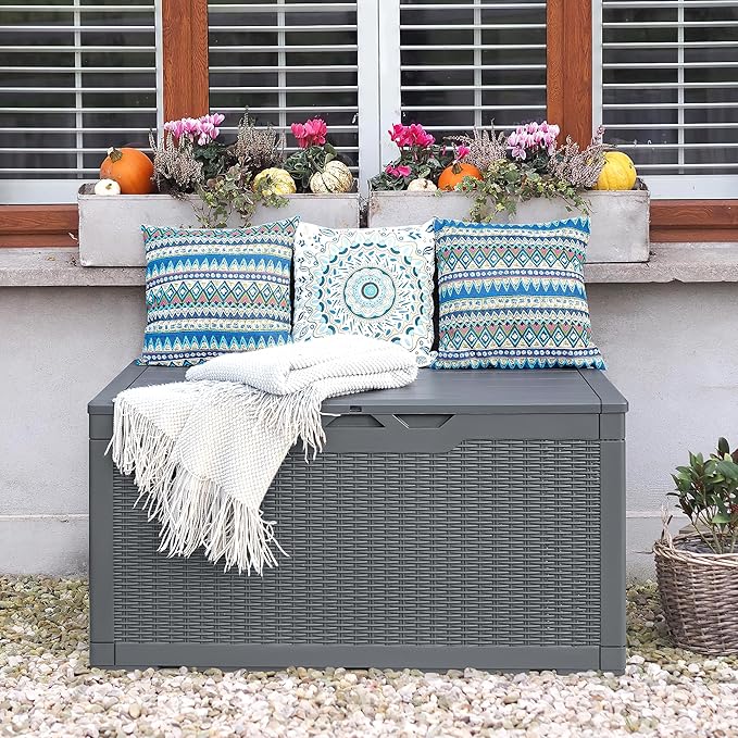 Flamaker Outdoor Storage Box 100 Gallon Waterproof Resin Deck Box Delivery Box with Air Rod Indoor Outdoor Lockable Storage Bench for Patio Cushions, Tools, Pool Accessories (Gray)