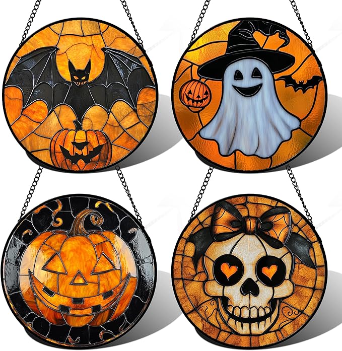Stained Glass Window Hanging 4 Pcs Set Ghost Pumpkin bat Gothic Decor Large 11.8" - Horror Halloween Suncatcher Door Garden Sun Catcher Birthday White Elephant Gifts for Mom Woman Men Friend