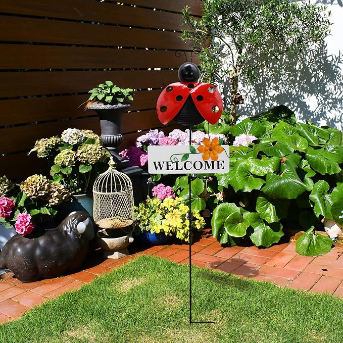 Veclotch 30"" H Metal Ladybug Garden Stake,Rustic Ladybird Decorative Yard Stakes Metal Yard Art Bug Ornaments Welcome Outdoor Spring Garden Stake for Patio Lawn Porch Pathway Decor