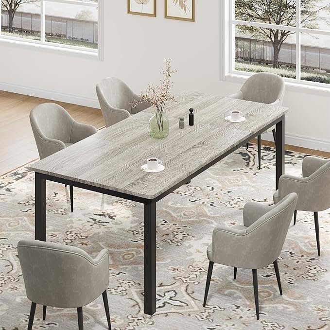 GarveeHome 70.8in Industrial Dining Table for 6, Wooden Long Dinner Table with Mortise Tenon Design, Kitchen Table with Sturdy Metal Legs, for Dining Room Home Office Living Room, Grey