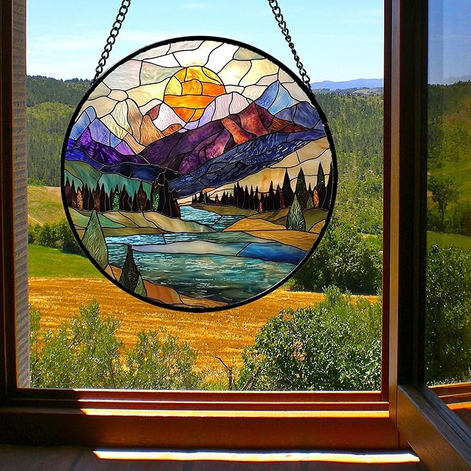 Stained Glass Window Hanging, Blue Lake Golden Sun Abstract Mountains Landscape Suncatcher for Doors Window Home Sun Catchers Decor Mother's Day Birthday Gifts for Women Men Mom 15 in