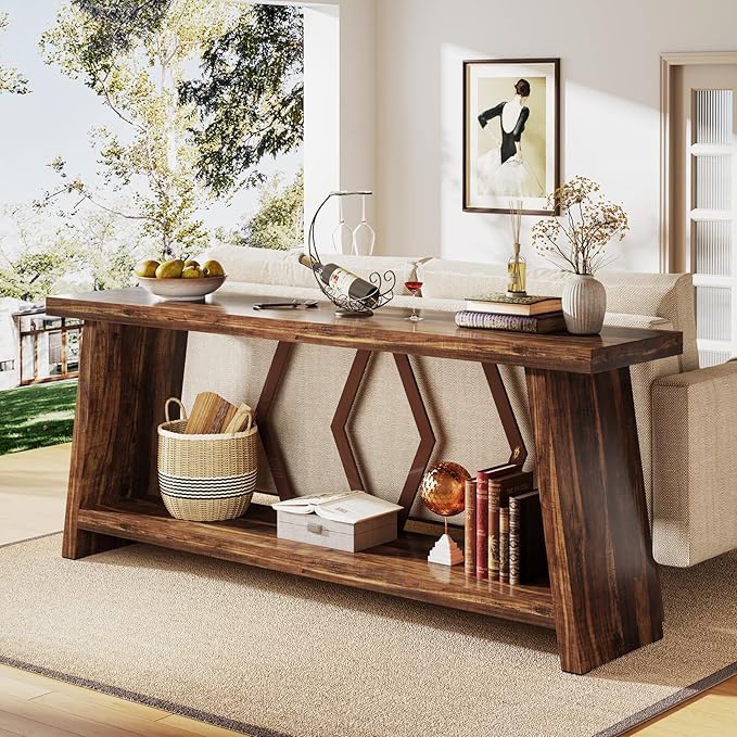 Tribesigns 70.86-Inch Farmhouse Console Table, Industrial Narrow Long Sofa Entryway Table with Storage, 2-Tier Wood Couch Foyer Accent Table for Living Room, Hallway, Entrance (Brown)