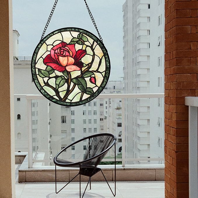 Stained Glass Window Hanging, Red Rose Flowers Sun Catcher for Door Garden Home Decor Suncatcher Christmas Mother's Day Birthday Gifts for Women Lovers Men Wife Girlfriend Mom Nana 7.8 in