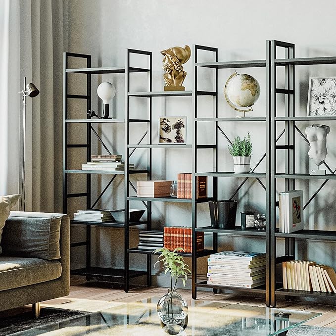 IRONCK Bookcases and Bookshelves Triple Wide 5 Tiers Industrial Bookshelf, Large Etagere Bookshelf Open Display Shelves with Metal Frame for Living Room Bedroom Home Office