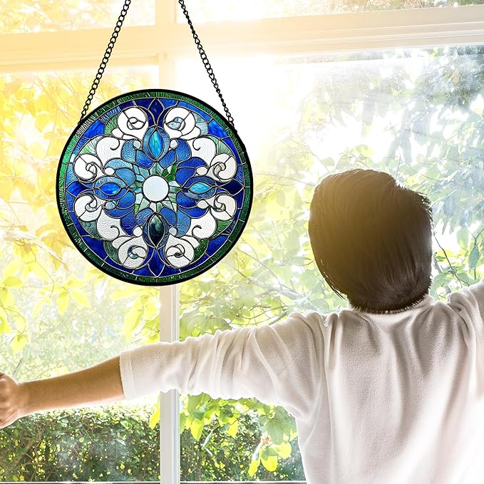 Stained Glass Window Hanging, Boho Style Sun Catchers Diamond Glass Panel Hangings Tiffany Suncatcher Decor for Birthday for Women, Men, Wife, Aunt, and Mom 9.8 in