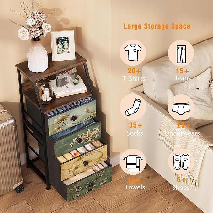 Tohomeor Dresser with Fabric Drawers Nightstand with 2 Tier Shelf Storage Tower for Bedroom Hallway Entryway Closet Organizer Sofa Beside Table Furniture (Multi, 4 Drawers)
