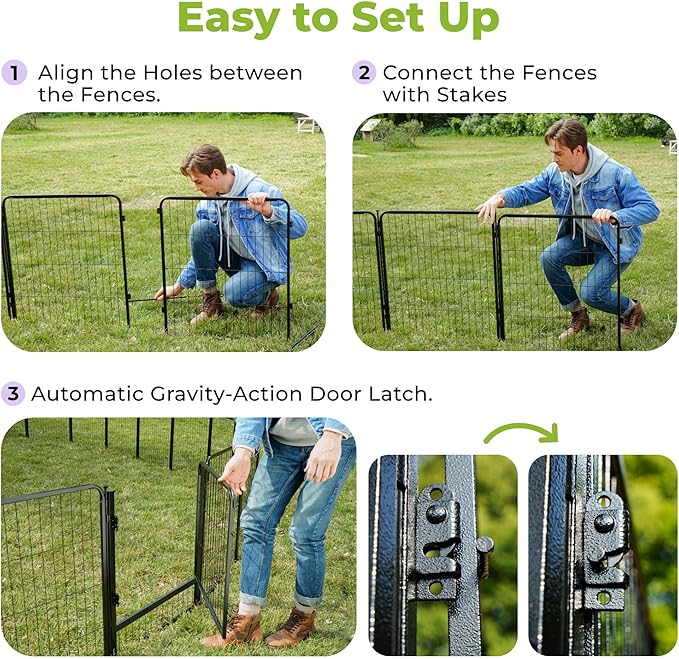SunsGrove Tall Garden Fence with Gate, 40 in(H) x 17.8 ft(L) 8 Panels Heavy Duty Metal Animal Barrier Fence for Yard, Suitable for Indoor or Outdoor Dog Pet Fence, Garden Fence Border, Black