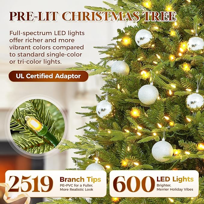 HOLLO STAR 9 ft Prelit Pencil Christmas Tree with 600 LED Lights, App Control, Aspen Artificial Christmas Tree, Multi-Color RGBW Lights, 2519 PE & PVC Branch Tips, Skinny Xmas Tree, for Home, Party