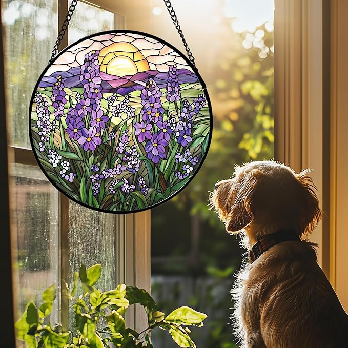 Stained Glass Window Hanging - Purple Lavender Suncatcher for Door Terrace Garden Home Decor Plant Flowers Landscape Sun Catcher Birthday Gifts for Lovers Women Men Dad Mom Nana 11.8 in