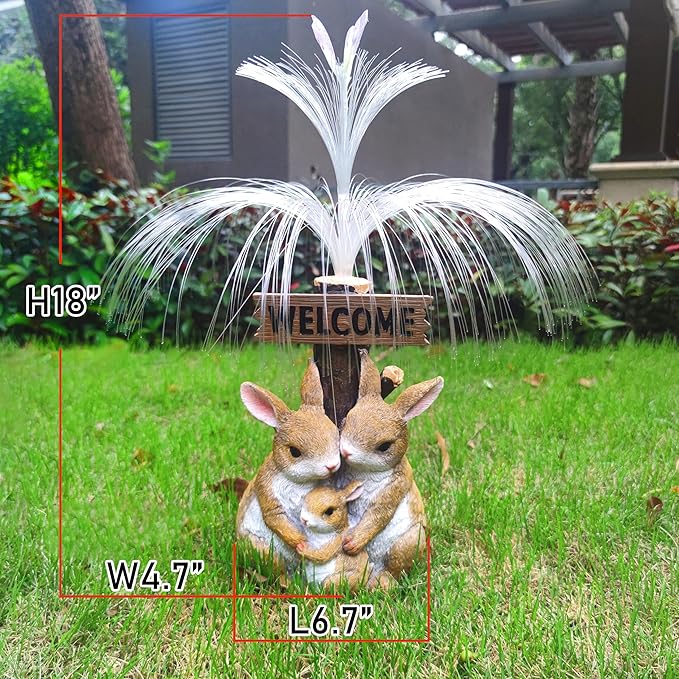 Solar Rabbit Garden Statues,Resin Rabbit Family Figurine with Welcome Card and 7-Color Changing Optical Fiber with Solar Lights, Lawn Decor Outdoor Statue for Patio,Balcony,Yard,Lawn