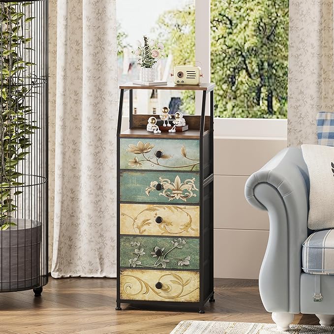 Tohomeor Nightstand with Fabric Drawers Dresser with 2 Tier Shelf Storage Tower for Bedroom Hallway Entryway Closet Organizer Sofa Beside Table Furniture (Multi, 5 Drawers)