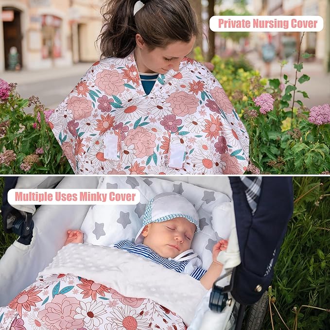 Metplus 2 in 1 Flowers Baby Car Seat Cover, Car Seat Canopy for Babies, Mom Multiuse Nursing Cover, Minky Baby Carrier Covers, Newborn Boy Girl, Peekaboo Opening