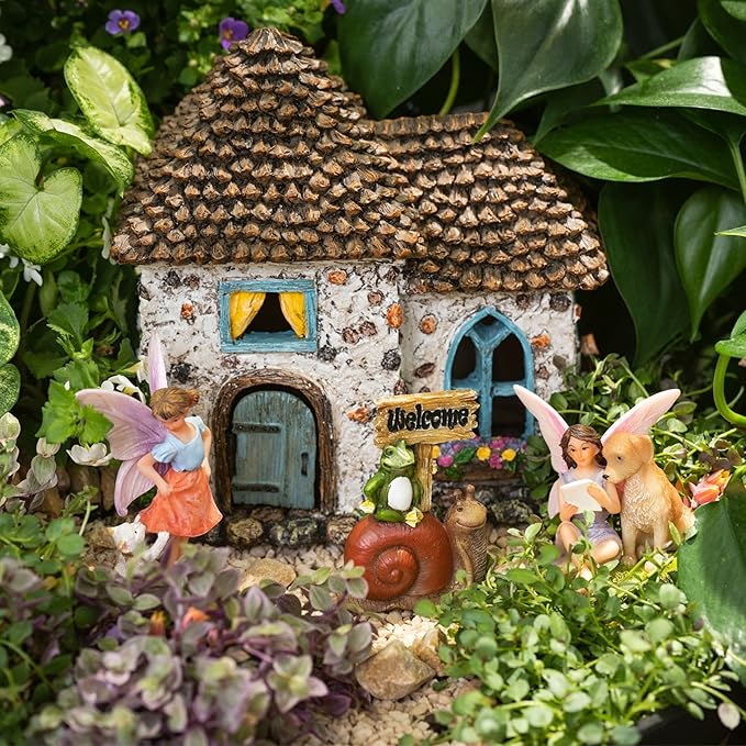 PRETMANNS Fairy House Kit - Fairy Garden Accessories for Outdoor Miniature Village Decor, with Fairies & Sign - Pinecone House, 6.5' High & Door can Open Wide - 4 Piece Supplies