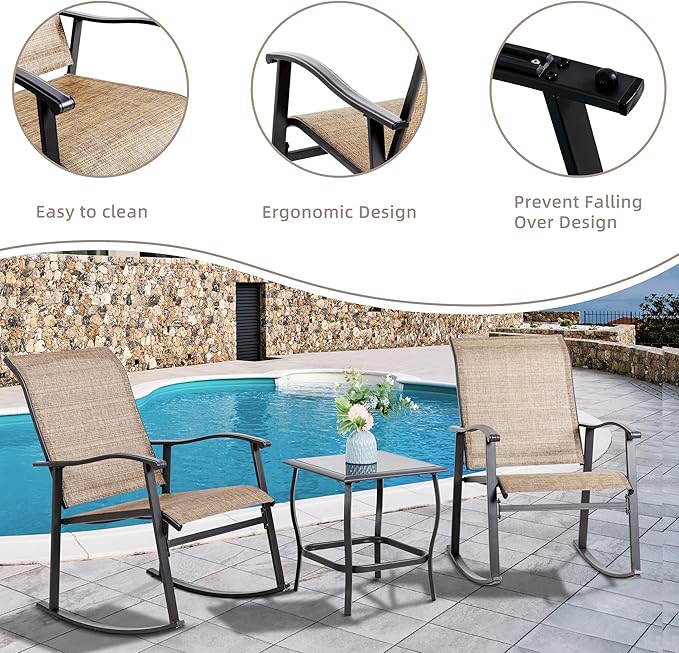 Vongrasig 3 Piece Outdoor Rocking Bistro Set, Textilene Fabric Small Patio Furniture Set, Front Porch Rocker Chairs Conversation Set with Glass Table for Lawn, Garden, Balcony, Poolside (Brown)