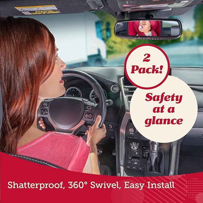 Lusso Gear Baby Car Mirror (2 Pack) - Secure Headrest Mount for Rear-Facing Seat Mirror - Shatter-Resistant Glass for Clear Infant View - Newborn Car Seat Accessory & Baby Essentials - Large, Black