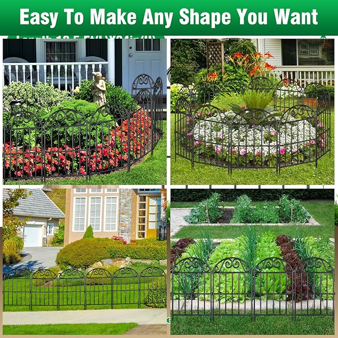 ADAVIN 20 Panels Collapsible Garden Fence Animal Barrier, 22 Ft(L) x 24 in(H) Black Rustproof Metal Wire Panel Border for Dogs Rabbits, Flower Edging for Landscape Patio Yard Outdoor Decor, Arched