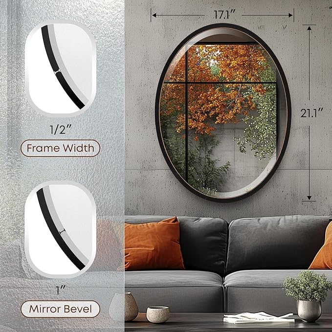 OVALCREST - Oval Wooden Beveled Wall Mirror for Home Decor, Bathroom, Vanity, Bedroom, Living Room, Hallway - London Style (Rubbed Black) 17.1 x 21.1