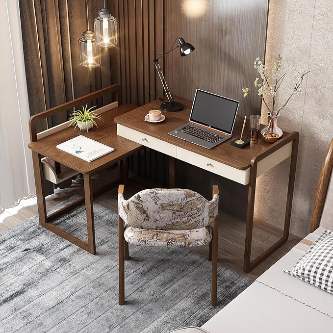 Lartis Extendable to 70" Solid Wood Desk, Storage Study Table with Side Unit, Multifunctional Workbench, Modern Office and Study Computer Desk