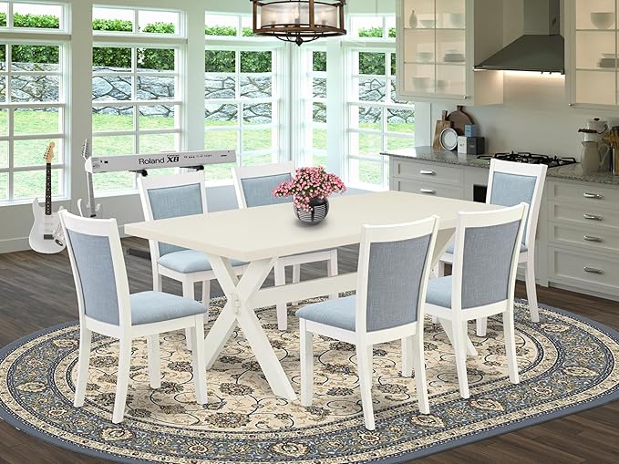 East West Furniture X027MZ015-7 7 Piece Dining Set Consist of a Rectangle Dining Room Table with X-Legs and 6 Baby Blue Linen Fabric Upholstered Parson Chairs, 40x72 Inch, Multi-Color