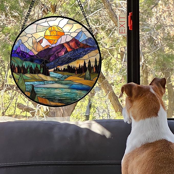 Stained Glass Window Hanging, Blue Lake Golden Sun Abstract Mountains Landscape Suncatcher for Doors Window Home Sun Catchers Decor Mother's Day Birthday Gifts for Women Men Mom 15 in