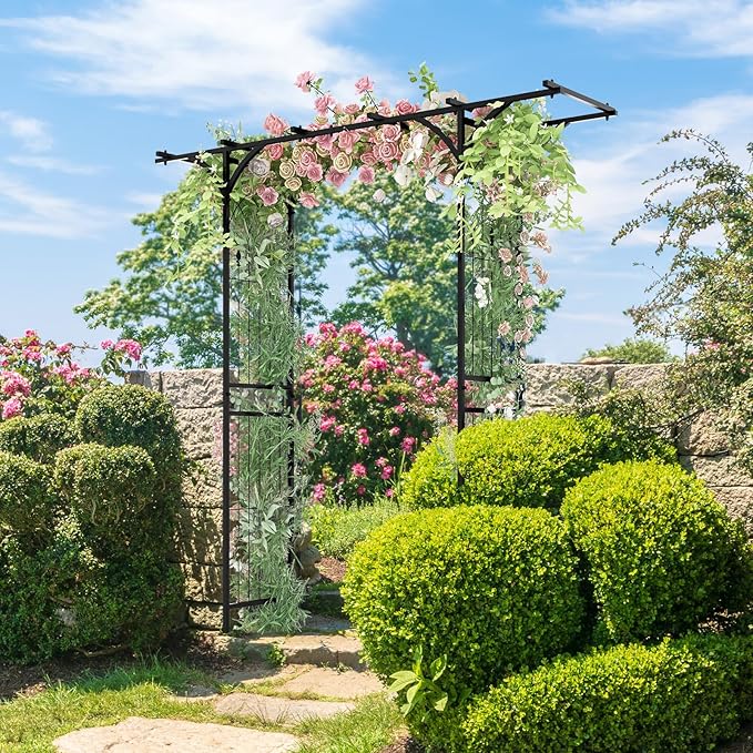 LDAILY Wedding Arch, 6.8FT Rustproof Metal Garden Arbor with Extended Roof & 4 Stakes, Outdoor Plant Support for Vines Roses, Decorative Trellis for Climbing Plants Outdoor for Lawn Wedding Ceremony