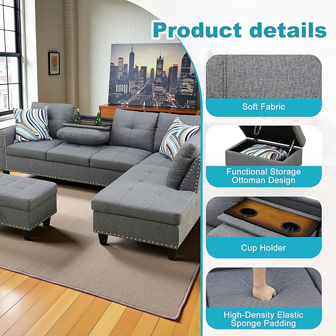 Couches for Living Room Modern L Shaped Couch Comfy Linen Fabric 3 Pieces Sectional Sofa with Chaise, Ottoman with Storage for Office and Small Apartment, Charcoal