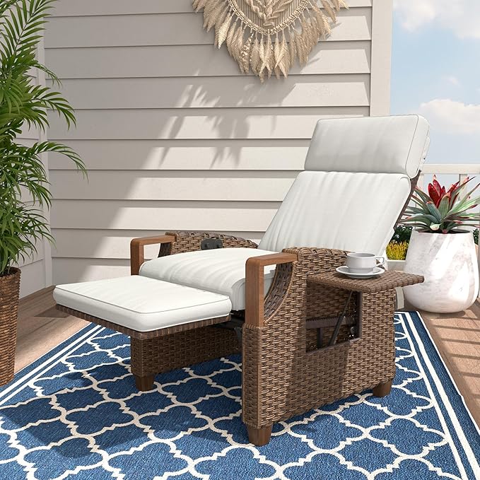 Grand patio Outdoor Recliner with Independent Adjustable Back and Footrest, Air Pump 150° Lay Flat Reclining Chair Removable Olefin Cushion Flip-Up Table Wicker Creamy White 1PC