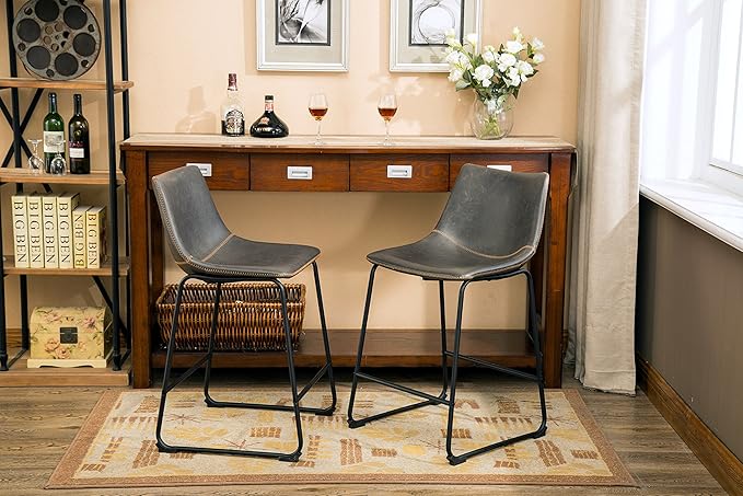 Roundhill Furniture Lotusville Vintage PU Leather Counter Height Stools, Antique Gray, Set of 2