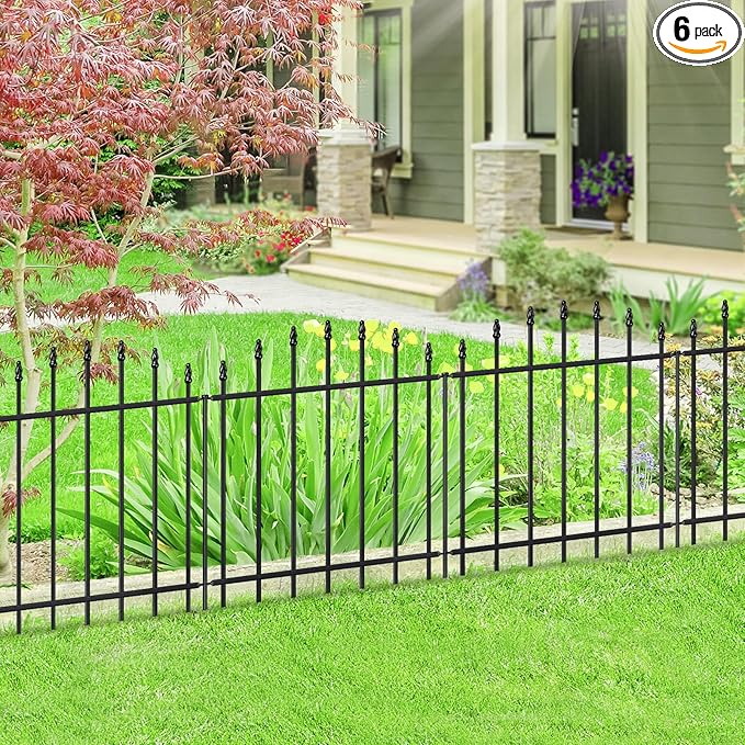 Metal Garden Fence 26 in H x 12 ft L, 6 Panels + 7 Stakes Border Dog Fence Panels Animal Barrier, No Dig Garden Fencing for Yard Patio Flower Bed Lawn Outdoor, Arch Black