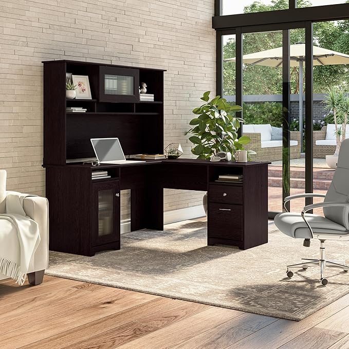 Bush Furniture Cabot L Shaped Computer Hutch, Corner Desk with Storage for Home Office, 60W, Espresso Oak