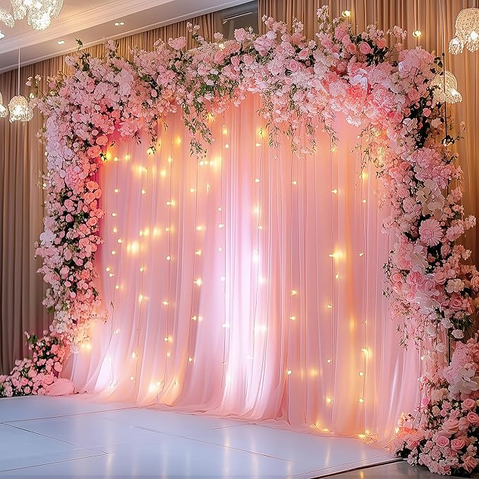 Fomcet Peach Tulle Backdrop Curtains with Lights String 10FT X 8FT Sheer Curtain with Lights Tulle Curtains Backdrop for Wedding Birthday Party Baby Shower Photo Shoot (2 Panels 5x8FT)