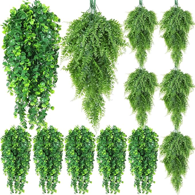 Hoteam 12 Pcs Artificial Hanging Plants 32 Inch Fake Ivy Vines with Fake Leaves Patio Artificial Plants Greenery for Living Room Indoor Outdoor Wall, No Basket (Eucalyptus,Persian Grass)