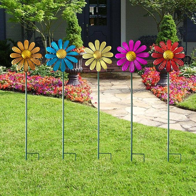 5pcs Wind Spinners Metal Colorful Flowers Garden Stake, Small Daisy Pinwheels, 27" Windmill for Yard Decor, Lawn Ornaments Outdoor Garden Décor, Metal Yard Art, Christmas Decoration Gift
