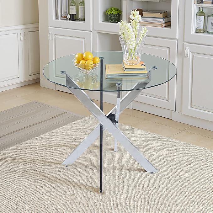 Dining Table for 4 Modern Round Dining Table 35.43" Kitchen & Dining Room Tables with Metal Legs and Glass Tabletop for Dining Room and Apartment, Chrome