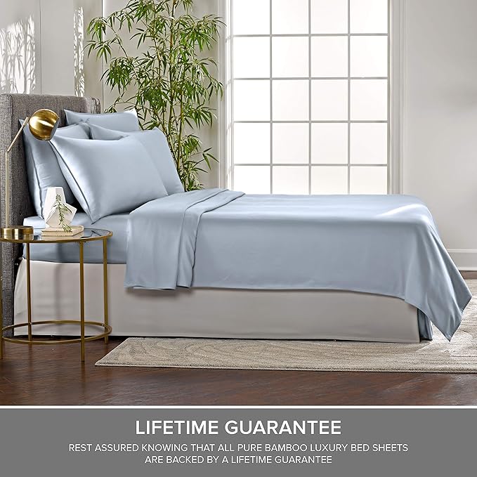 Short Queen Sheets by Pure Bamboo for RV Camper (60"x75") - Genuine 100% Organic Viscose Derived from Bamboo Bed Sheet Set, Soft & Cooling, Lifetime Quality Promise (Short Queen, Sterling Blue)