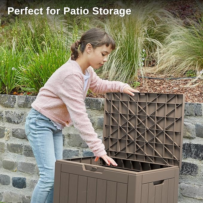 EAST OAK Outdoor Storage Box, 31 Gallon Deck Box, Waterproof Resin Storage Bin for Patio Cushions, Gardening Tools, Accessories, Lockable, UV Resistant, Brown