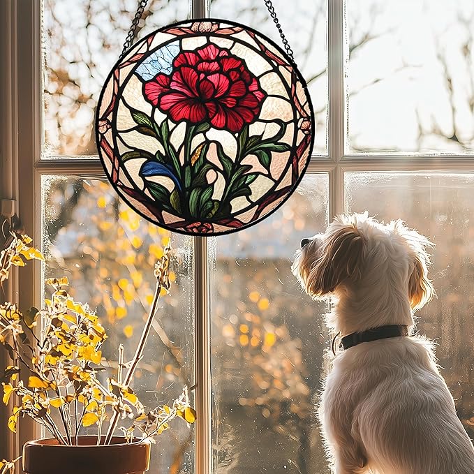 Stained Glass Window Hanging - Red Carnation Birth Flower Sun Catcher for Door Garden Home Decor Suncatcher Christmas Mother's Day Birthday Gifts for Women Men Mom Nana Friend Wife 9.8 in