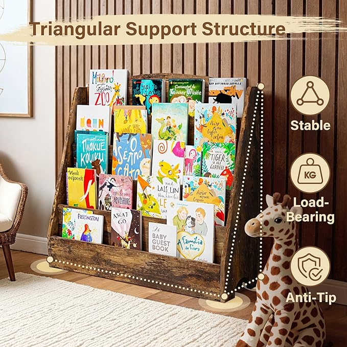 TOETOL 5-Tier Kids Bookshelf - Toddler Book Display Shelves for Classrooms, Playrooms, and Nursery - Wooden Children Book Rack (Rustic Brown)