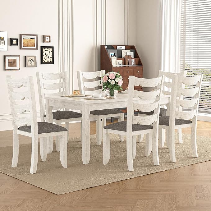 7-Piece Solid Wood Dining Table Set with 6 Upholstered Chairs - Easy Assembly Modern Design for Kitchen & Small Spaces, Durable Wooden Table and Chairs for Dining Room, Kitchen, Light Grey