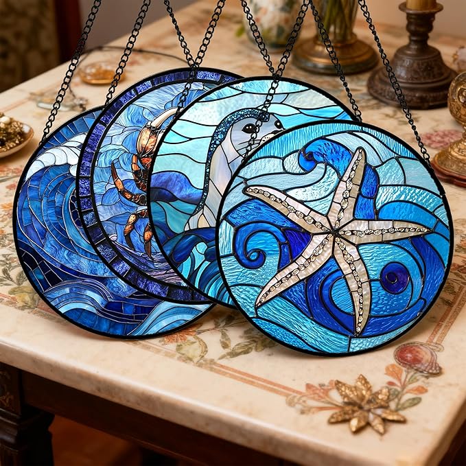 Stained Glass Window Hanging 4 Pcs Set Blue Ocean Waves 6.3" - Starfish Crab Seal Suncatcher Door Garden Sun Catcher Decor Birthday for Mom Woman Nana Men Friend
